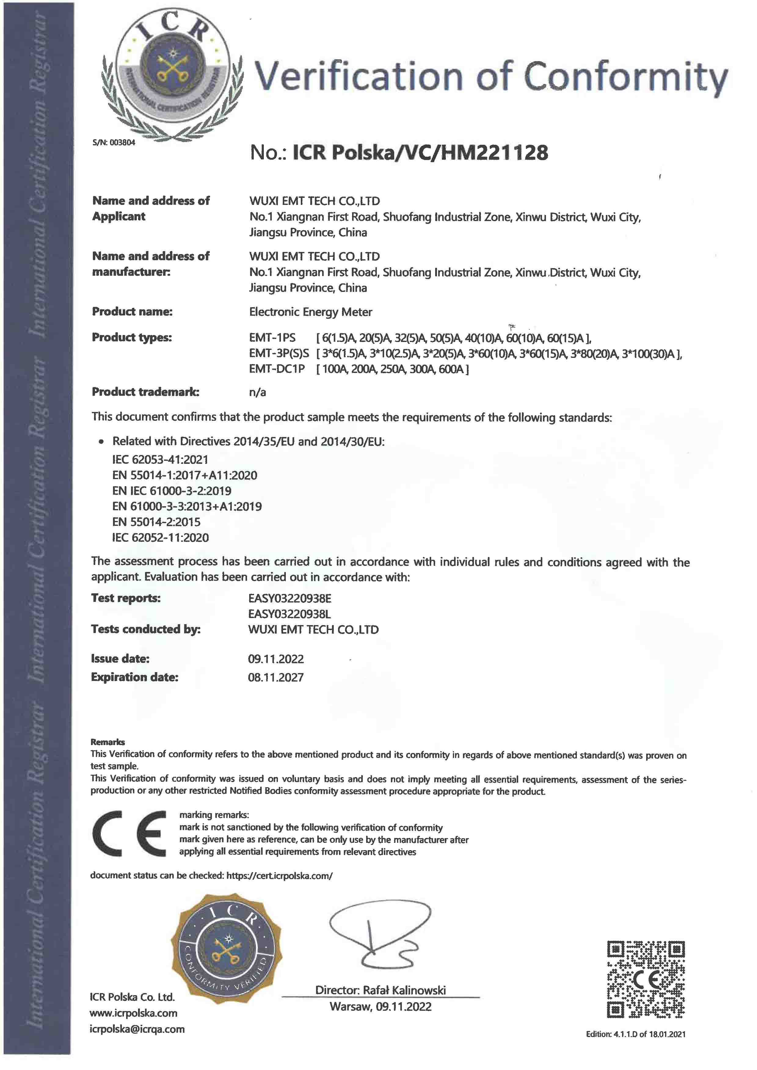 CE certification of electricity meter